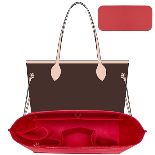 Purse Organizer Insert with Base Shaper,Felt Tote Bag Organizer Insert Compatible with Speedy 30 Neverfull MM and More,Bag Inner Shaper for Luxury Handbags,Red/L - color: Red, size: L