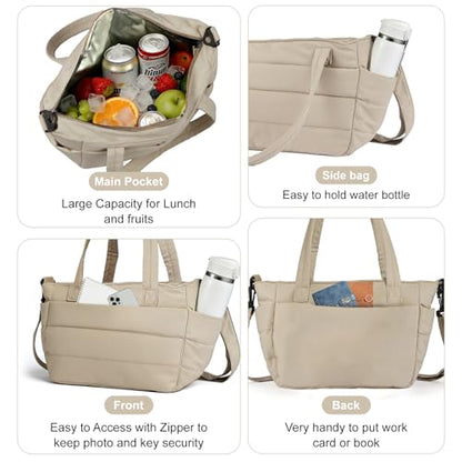 Lunch Bag Women Puffy Quilted Tote Bag Stylish Insulated Lunch Tote Bag with Large Capacity and Shoulder Strap Portable Lunch Cooler Bags for Women, Work Office, Travel, Picnic, Meal Prep - color: Camel