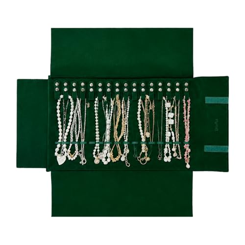UnionPlus Velvet Travel Jewelry Roll Bag Organizer for Necklace, Elastic Band and Anti-winding, Blackish Green - color: Blackish Green, size: Medium