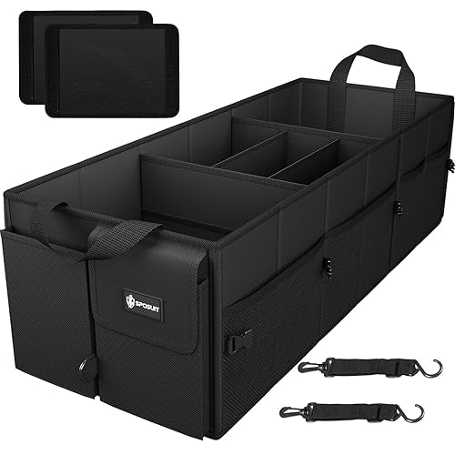 Sposuit Extra Large Trunk Organizer 98L Collapsible Car Storage Trunk Organizer with Removable Dividers & Adjustable Securing Straps for Car SUV Van - color: Black, size: XX-Large