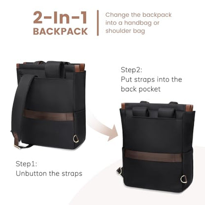 Convertible Daypack Laptop Backpack for Women Men Carry on Tote Backpack Bookbag for College Work Nurse Travel,16Inch,Black - color: Black Brown
