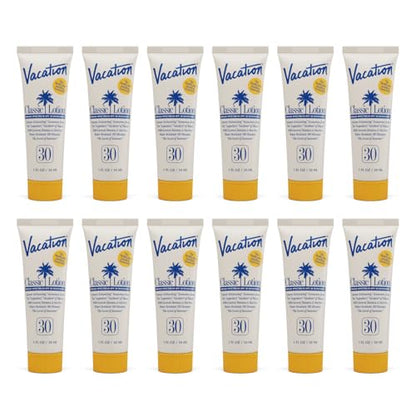 Vacation Mini Classic SPF 30 Sunscreen Lotion, 1 Fluid Ounce, Pack of 12 - Invisible, No White Cast, Water-Resistant, Vegan, Dermatologist-Tested, Travel Size - size: 1 Fl Oz (Pack of 12), style: SPF 30