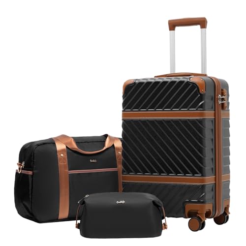 Coolife Luggage Set Suitcase Carry On Luggage PC Hardshell Luggage TSA Lock Spinner Wheels Telescopic Handle - color: Black, size: 3 piece set (DB/TB/20)
