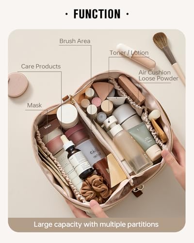 EACHY Travel Makeup Bag, Large Capacity Cosmetic Bags for Women, Waterproof Portable Pouch Open Flat Toiletry Bag Pattern Makeup Bag (F-Brown) - color: AC-Brown, size: Medium