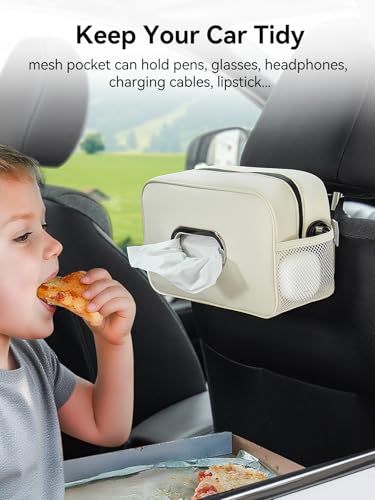 2 Pack Multi-Functional Car Tissue Holder with ‌2 Tuck Nets, Upgraded PU Leather Tissue Box Cover, Large Rectangle Napkin Storage Organizer, Keep Car Tidy, Beige - color: 2pack Beige