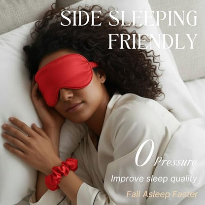 Silk Satin Sleeping Eye Mask, Red Sleep Eye Night Blindfold for Women and Men, Soft Breathable Blackout Eyeshade Eye Cover for Travel, Wedding Bridesmaid Gift - color: Red