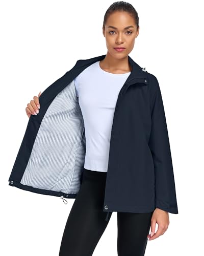 Hount Womens Waterproof Raincoat Lightweight Packable Striped Lined Rain Jacket Casual Travel Outdoor Hooded Jakctes - color: Navy Blue, size: X-Large