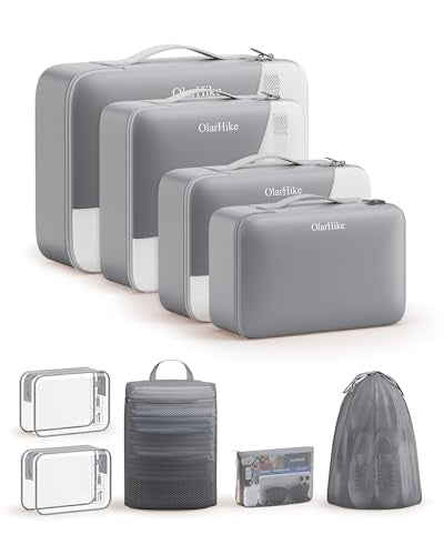 9 Set Packing Cubes for Travel, Gifts for Women Mom,Anti-Tearing Suitcase Organizer,OlarHike Vacation Essentials & Accessories for Cruise Ship - color: 04 Gray
