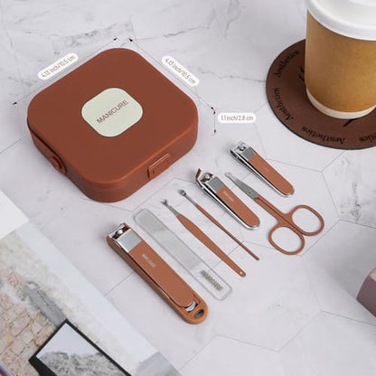 Nail Clippers Set for Men and Women 7 Pieces Stainless Steel Grooming Kits, Fingernail and Toenail Clipper Cutters with Luxurious Travel Case Nail Care Tools Manicure Pedicure Kit, Brown - color: Brown