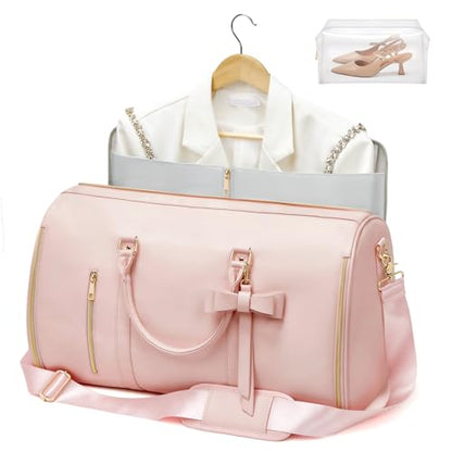 Garment Bags for Travel, Convertible Suit Travel Bag for Women, Fashion & Cute Carry On Garment Bag w/Shoes Pouch, 2 in 1 Foldable PU Leather Hanging Duffle Bag, Single-Zipper Design, Pink - color: Light Pink
