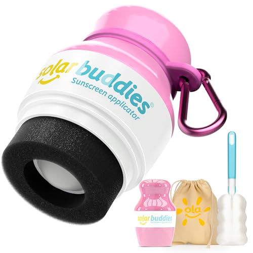 Solar Buddies Grab & Go Travel Bundle, Carabina Clip & Cleaning Brush - Single Full Pink - Refillable Roll on Sponge Sunscreen, Suncream & Lotion Applicator For Kids, Adults & Families - Holds 100ml - color: Full Pink Single