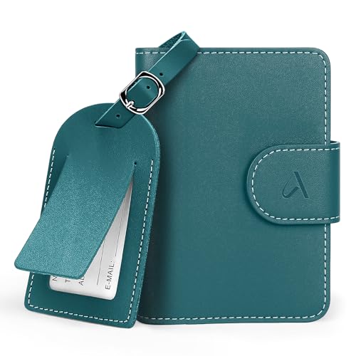 ALLIVE RFID Passport Holder for Travel, Genuine Leather Passport Holder with AirTag Hidden Pocket, Travel Wallet for Women & Men, Gift Set with Luggage Tag in Premium Gift Box (Lake Blue) - color: Lake Blue, style: Gift Box Set