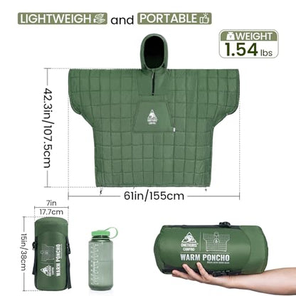 ONETIGRIS Camping Blanket Poncho with with Recycled Synthetic Insulation,Wearable Hoodie Blanket | Ultralight Water-Resistant Warm Camping Blanket for Outdoor, Hiking, Stadium - color: 1pc-green