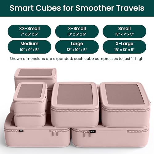 NOBL Travel Compressible Packing Cubes Set, 6 Pieces Travel Packing Organizers, Compression Luggage Cubes for Suitcases & Carry On, Space Saving (XXS, XS, S, M, L, XL) - Blush - color: Blush