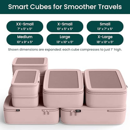 NOBL Travel Compressible Packing Cubes Set, 6 Pieces Travel Packing Organizers, Compression Luggage Cubes for Suitcases & Carry On, Space Saving (XXS, XS, S, M, L, XL) - Blush - color: Blush