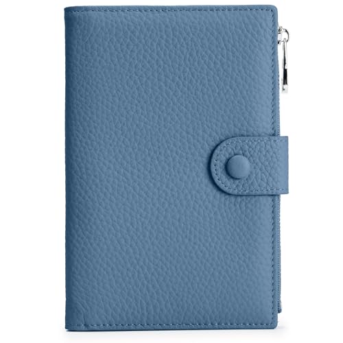 RFID passport holder for travel, Leather Passport Wallet for Women with Zippered Coins Pocket and SIM Slots, Passport Cover Case for Travel - color: Misty Blue