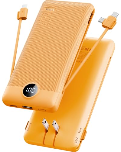 VRURC Portable Charger Built-in Cables and AC Wall Plug, USB C Power Bank 10000mAh, Travel Battery Phone Charger Compact Lightweight External Battery Pack for Smart Phones, Tablets etc-Orange - color: Orange