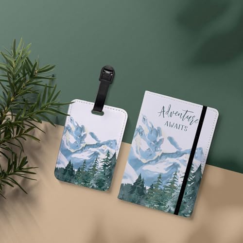 Passport Holder Set,Passport Holder and Luggage Tag,Cover for Men and Women,Wallet, Case,Travel Accessories（5.82 * 3.93 inch） - color: Snowy Mountain (Passport Holder + Luggage Tag)