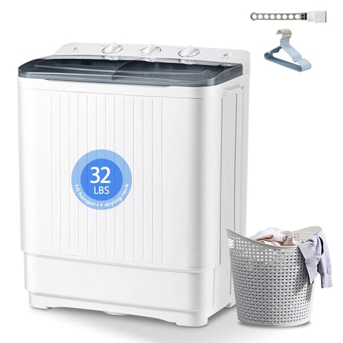 DOGHLY Portable Washing Machine, 32lbs Compact Laundry Washer, Free Drying Rack & 10 Hangers, 20lbs Wash & 12lbs Spin Dry, Twin Tub Mini Washing Machine for Dorm, RV, Camping, Apartment - color: Black, size: 32lbs
