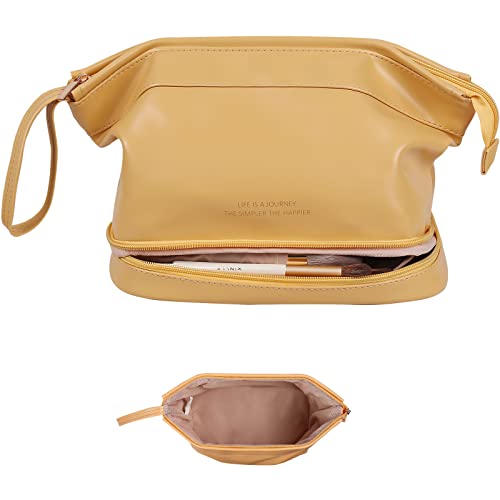 Abiudeng Large Capacity Makeup Bag Ladies Cosmetic Bag Travel Bag with Compartments Portable PU Leather Travel Makeup Bag with Handle - color: Yellow