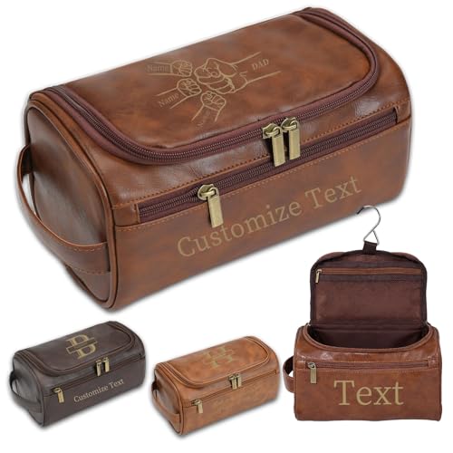Personalized Travel Toiletry Bag for Men, Gift for Dad,Custom Engraved Leather Dopp Kit with Initials or Name, Shaving Organizer Case, Husband - color: Dark Brown-02 DAD