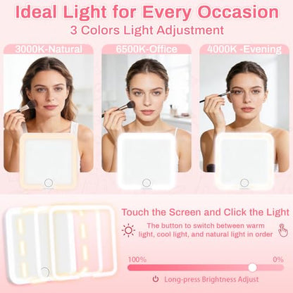 Mini Makeup Bag with Led Mirror, Small Cosmetic Bag with 3 Light Modes Adjustable Brightness, Rechargeable Portable Makeup Pouch with Handle, for Pool Parties丨Work Touch-Ups, Beige