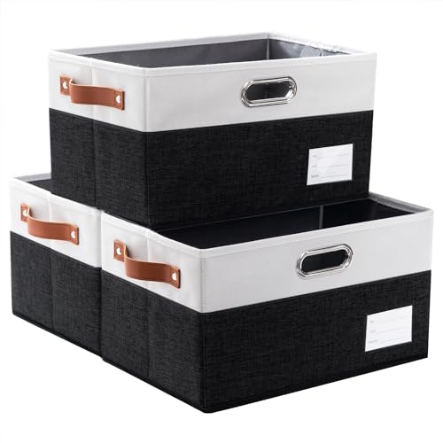PRANDOM Larger Foldable Storage Bins with Handles [3-Pack] Fabric Collapsible Storage Boxes Baskets Cubes Containers with Handles for Closet Living Room Bedroom (Black & White 17.3x12.2x10.4') - color: Black & Cream, size: Jumbo(3-Pack)