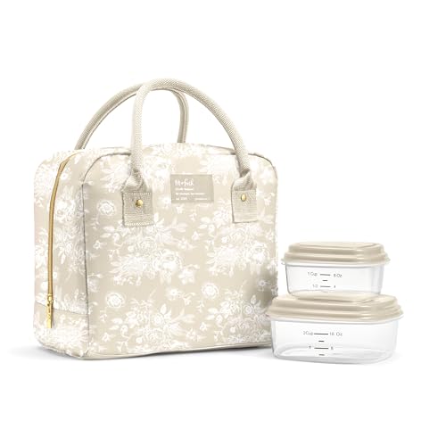 Fit & Fresh Bloomington Lunch Bag for Women - Insulated Large Lunch Box for Work with Containers, Leak-Resistant, Stain-Resistant, Zipper Closure, Tan Toile - color: Tan Toile, size: One Size