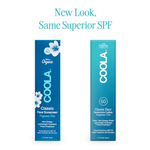 COOLA Organic Face Sunscreen SPF 50 Sunblock Lotion, Dermatologist Tested Skin Care for Daily Protection, Vegan and Gluten Free, Fragrance Free - size: 1.7 Fl Oz (Pack of 2)