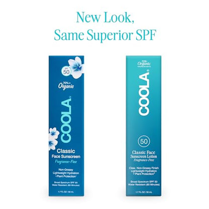 COOLA Organic Face Sunscreen SPF 50 Sunblock Lotion, Dermatologist Tested Skin Care for Daily Protection, Vegan and Gluten Free, Fragrance Free - size: 1.7 Fl Oz (Pack of 2)