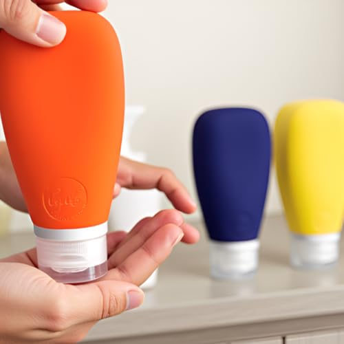Travel Bottles for Toiletries, TSA Approved 3oz Leak Proof Silicone Refillable Squeeze Travel Size Containers BPA Free for Cleansers, Lotions, Shampoo 3pk (Orange-Blue-Yellow). - color: Yellow-Navy Blue-Orange