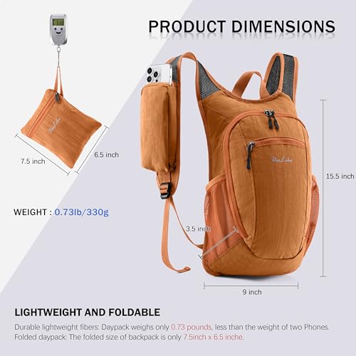 Uselike 10L Small Hiking Backpack Travel Daypack Lightweight Packable Back Pack for Women Men(Orange) - color: Orange