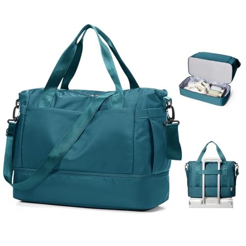 Travel Duffel Bag with Shoe Compartment, Large Weekender Bags for Women Men with Trolley Sleeve for Airplane, Waterproof Carry on Bag Sport Tote Bags Hospital Holdalls, Peacock Blue - color: A1-Blue with Shoe Compartment