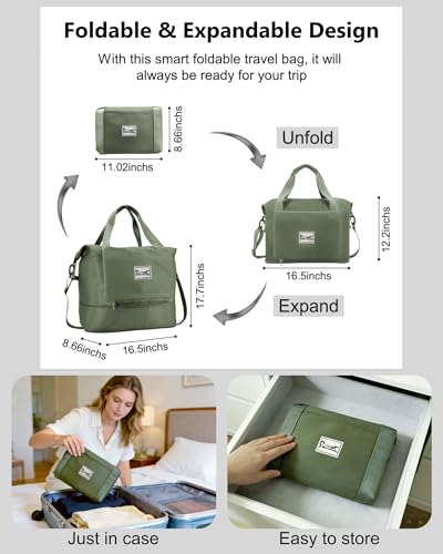 Foldable Travel Duffel Bag for Women, 40L Expandable Carry on Bag Personal Item Flight Approved, Lightweight Water Resistant Overnight Weekender Bag with Wet Pocket for Gym Travel, Olive Green - color: Olive green