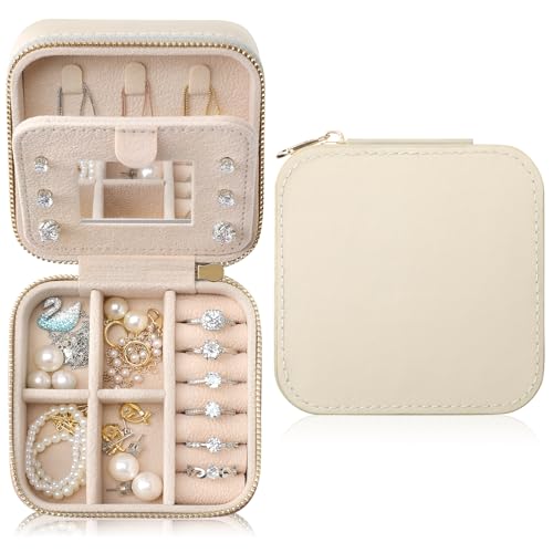 Genuine Leather Travel Jewelry Case Organizer with Mirror for Women, Small Jewelry Box Portable Mini Jewelry Case for Earring, Ring, Necklace, Bracelet(Beige) - color: Nappa Leather Beige