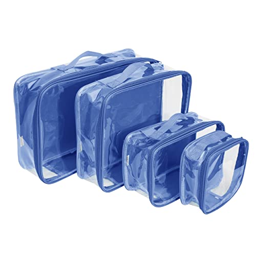Clear Packing Cubes set of 4 / Packs 7-10 Days of Clothes/Premium PVC Plastic Storage Bags - color: Royal Blue