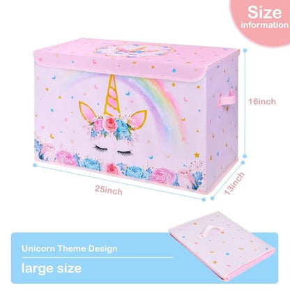 WERNNSAI Unicorn Toy Box - Collapsible Oxford Storage Bin with Handles 25" x 13" x 16" Toys Clothes Books Chest Organizer Cube with Flip-top Lid for Girls Kids Bedroom Nursery Living Room