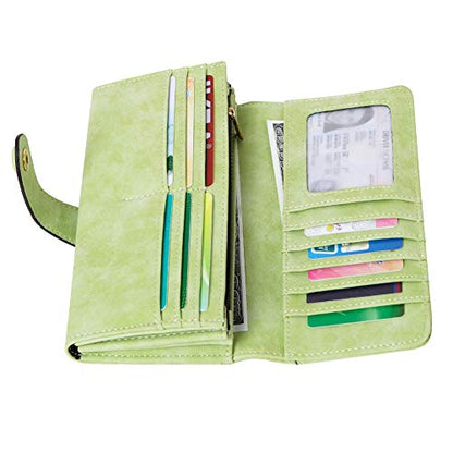 Women's Vegan Leather 17 Card Slots Card Holder Long Big Bifold Wallet - color: Light Green