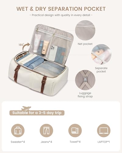 LOVEVOOK 40L Travel Backpack Carry on Flight Approved, Personal Item Bag with 3 Packing Cubes, Travel Backpack for Women Fits 17" Laptop, Water-resistant Carry On Bag for Airplanes - color: White & Brown, size: 40L-4PCS