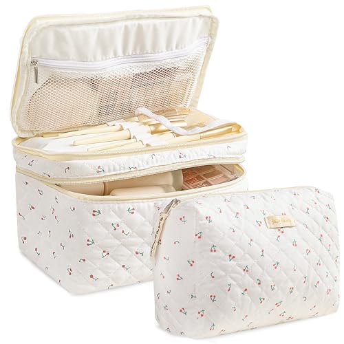 HBselect 2Pcs Travel Makeup Bag, Large Cotton Quilted Makeup Bag Cosmetic Bag Cute Make up Bag Toiletry Bags for Women Girls - color: 2PCS-CHERRY