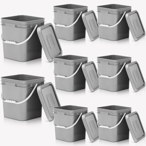 Mumufy 8 Pcs 3.5 Gallon Square Food Grade Bucket with Lid Square Bucket Pail Plastic Handles for Long Term Food Storage, Camping, Fishing, Home Organization Easy Stack and Store (Gray) - color: Gray