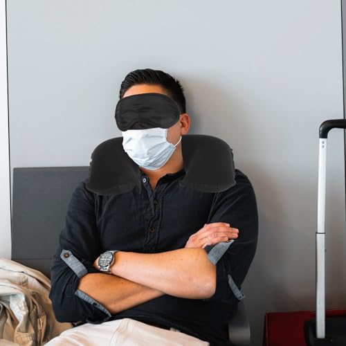 MAGICLULU Inflatable Travel Neck Pillow with Airplane Eye Mask and Set, Black Velvet U-Shaped Sleep Pillow for Plane Travel, Portable Outdoor Comfort Kit