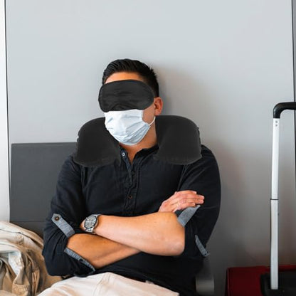 MAGICLULU Inflatable Travel Neck Pillow with Airplane Eye Mask and Set, Black Velvet U-Shaped Sleep Pillow for Plane Travel, Portable Outdoor Comfort Kit