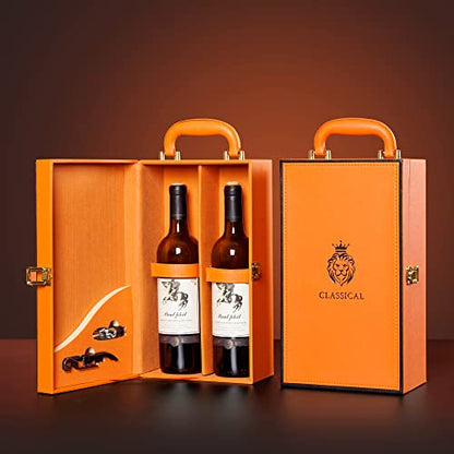 Wine Box with 2 Bottle Leatherette Top Handle Premium Wine Carrier Case Orange