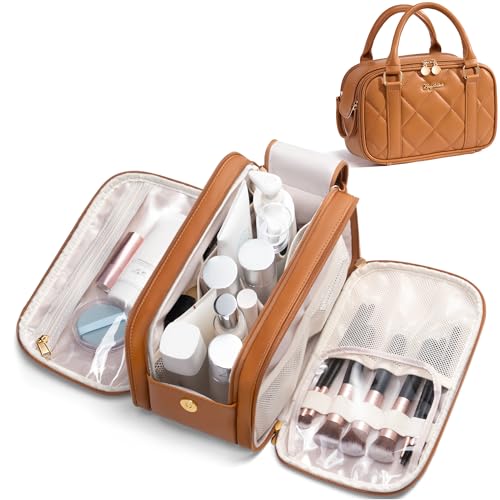 Bagstellar Travel Makeup Bag, Large Capacity Quilted Toiletry Bag for Women Stand-up Cosmetic Bag Open Flat Make Up Case Organizer Portable Pouch Purse w/Handle for Traveling Accessories, Brown - color: Brown