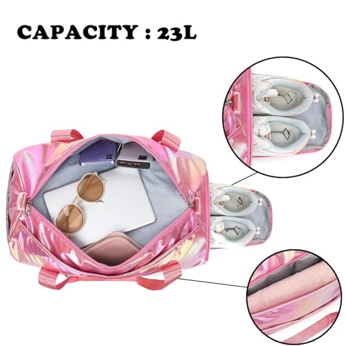 Gym Bag Sports Duffle Bag with Wet Pocket Weekender Overnight Bag with Waterproof Shoe Pouch and Air Hole for Girls Kids Women Travel Foldable Bag - color: W-Pink