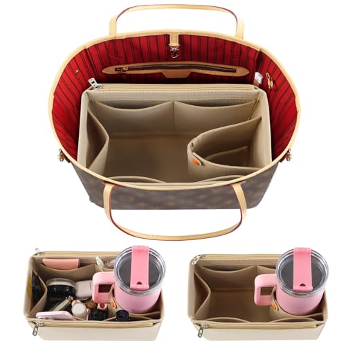 Tote Bag Purse Organizer Insert Pouches Fit for Neverful MM, Beige Handbag Organizer with Water Bottle Holder Compatible with Stanley Cup, Purse Accessories Must Haves Gifts for Women Large - color: Beige, size: Large