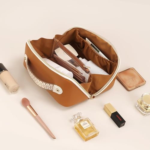 Prite Makeup Bag for Women Travel Waterproof Vegan Leather Cosmetic Bag Open Flat Toiletry Bag With Clear Divider and Handle (New Brown, Medium) - color: New Brown, size: Medium