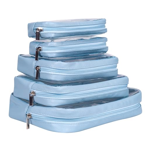 Remobia Hicol TSA Approved 5-Piece Diaper Bag Organizer Pouch Set Clear Waterproof TPU Kids Toiletry Storage Set Travel Packing Clutch Cube Bags for Baby Nursing (Blue) - color: Blue Leather
