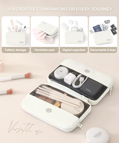 Preppy Makeup Bag, Rectangle Double Detachable Cosmetic Organizer, Clear Side Panel Portable Travel Pouches for In-Flight Essentials, Beauty & Tech Accessories, Gift for Women - color: Off-white